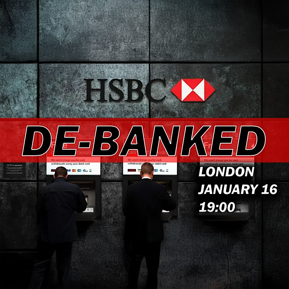 People using ATMs beneath “DE-BANKED” and a bank logo, symbolizing denied banking access and the event’s focus on restoring financial inclusion.