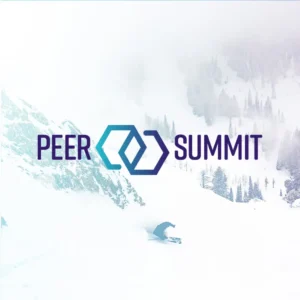 A winter mountain scene with snow-covered slopes and trees, featuring a skier in motion and the “PEER Summit” logo centered over the image.
