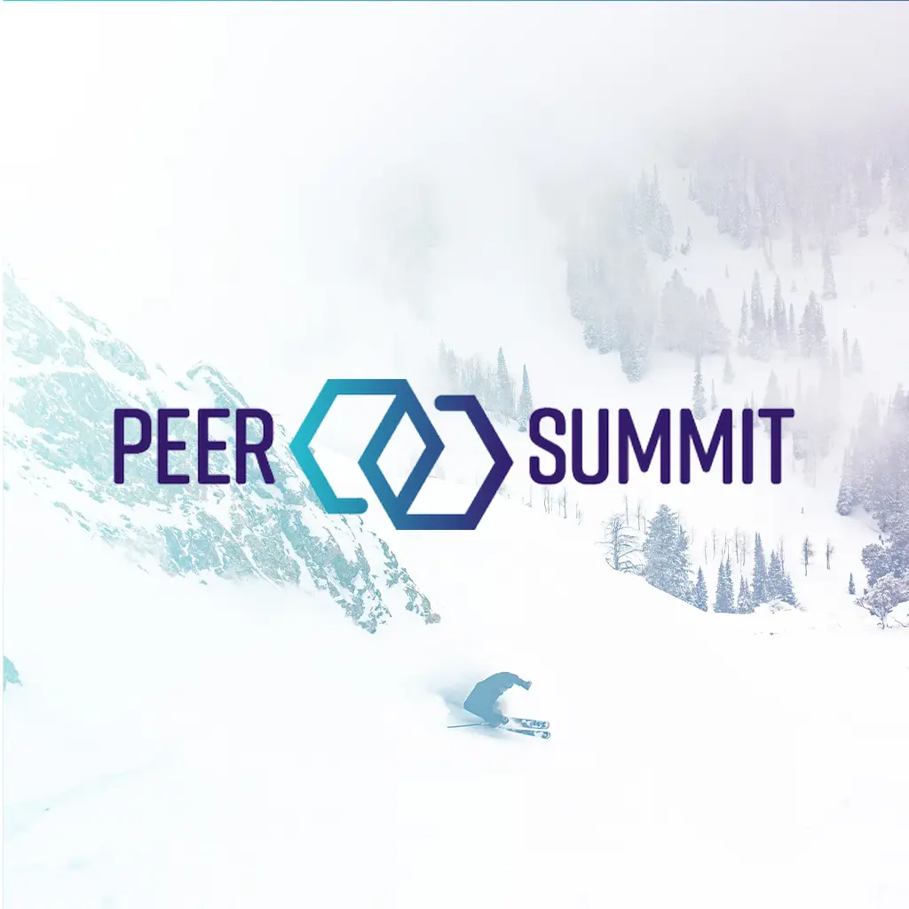 A winter mountain scene with snow-covered slopes and trees, featuring a skier in motion and the “PEER Summit” logo centered over the image.