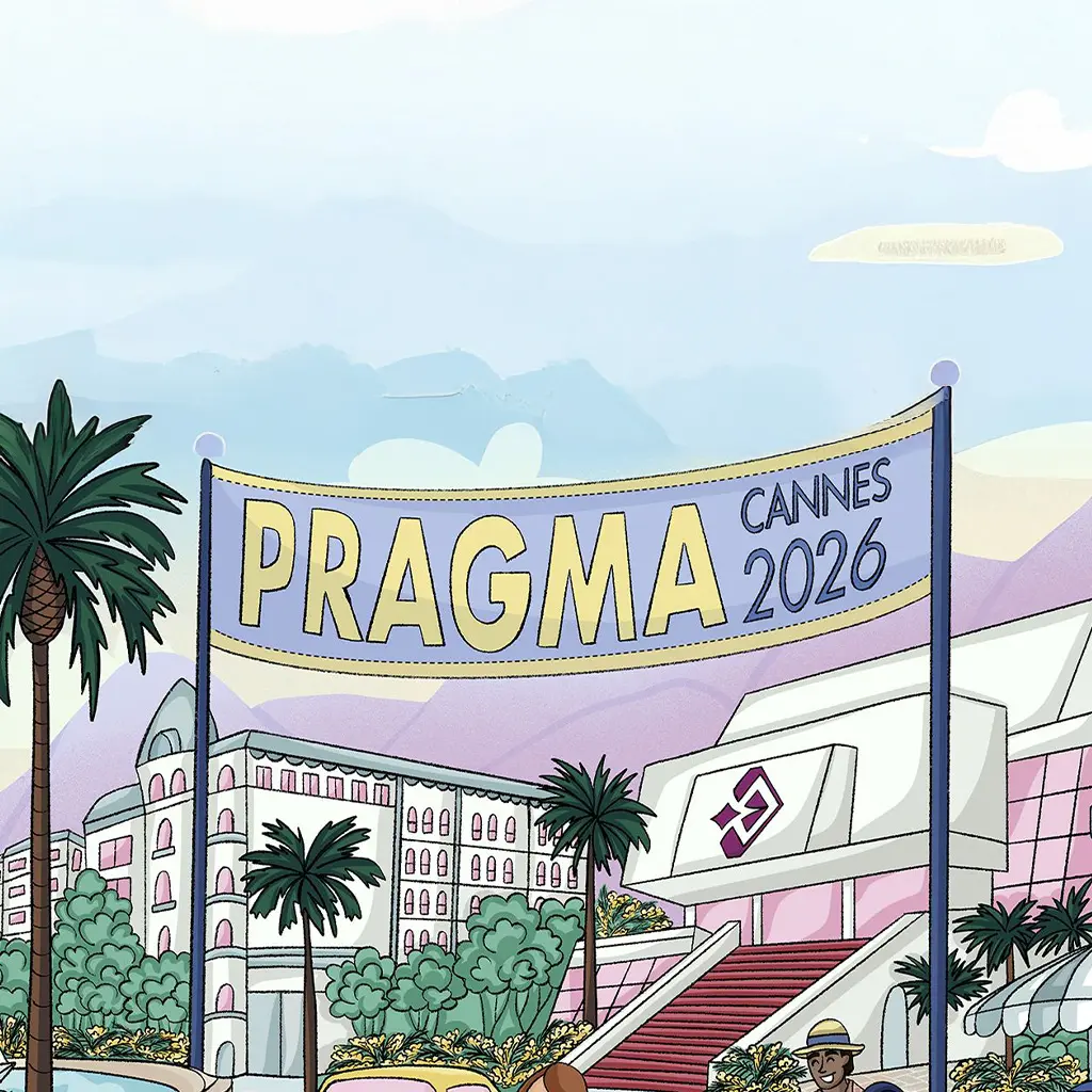 A watercolor-style illustration showing a banner reading “PRAGMA Cannes 2026” stretched between two poles in a scenic setting with palm trees and coastal hills in the background, evoking a sunny conference atmosphere.