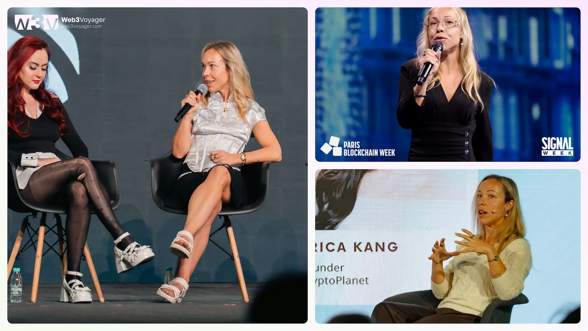 Web3 Events Networking Guide by Web3Voyager: a three-image collage showing Dayana Aleksandrova speaking at Web3 conferences: seated on a panel holding a microphone, presenting on stage at Paris Blockchain Week, and speaking at Signal Week, with event branding visible in the backgrounds.