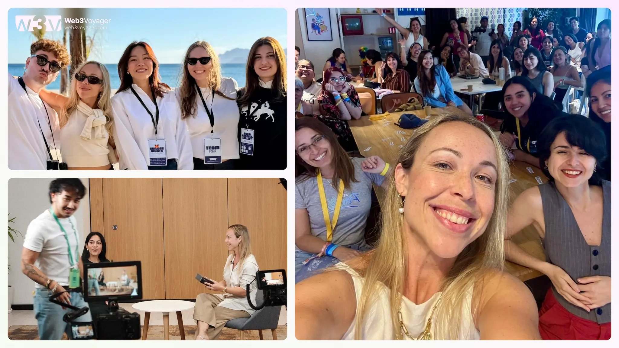 Web3 Events Networking Guide by Web3Voyager: a collage showing Dayana Aleksandrova across community and media moments: smiling with event attendees wearing badges near a seaside backdrop, leading a large group selfie at a meetup, and sitting on set during a filmed interview with a camera crew.