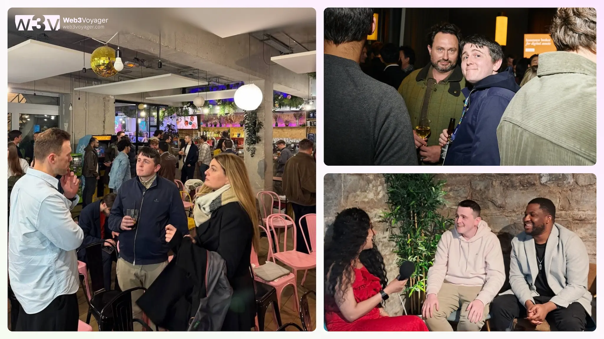 Web3 Events Networking Guide by Web3Voyager: three-image collage featuring Owen Healy at Web3 gatherings: engaging in conversation at a lively indoor networking event, posing with attendees holding drinks, and joining a seated interview discussion with a host and another guest.